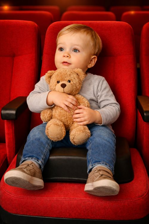 Enfant sur rehausseur cinéma gris pour un confort total
