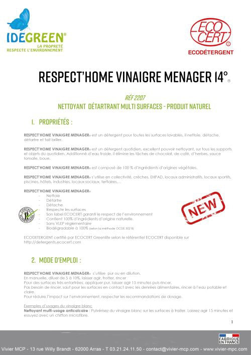 Fiche technique Respect Home Vinaigre ménager P1